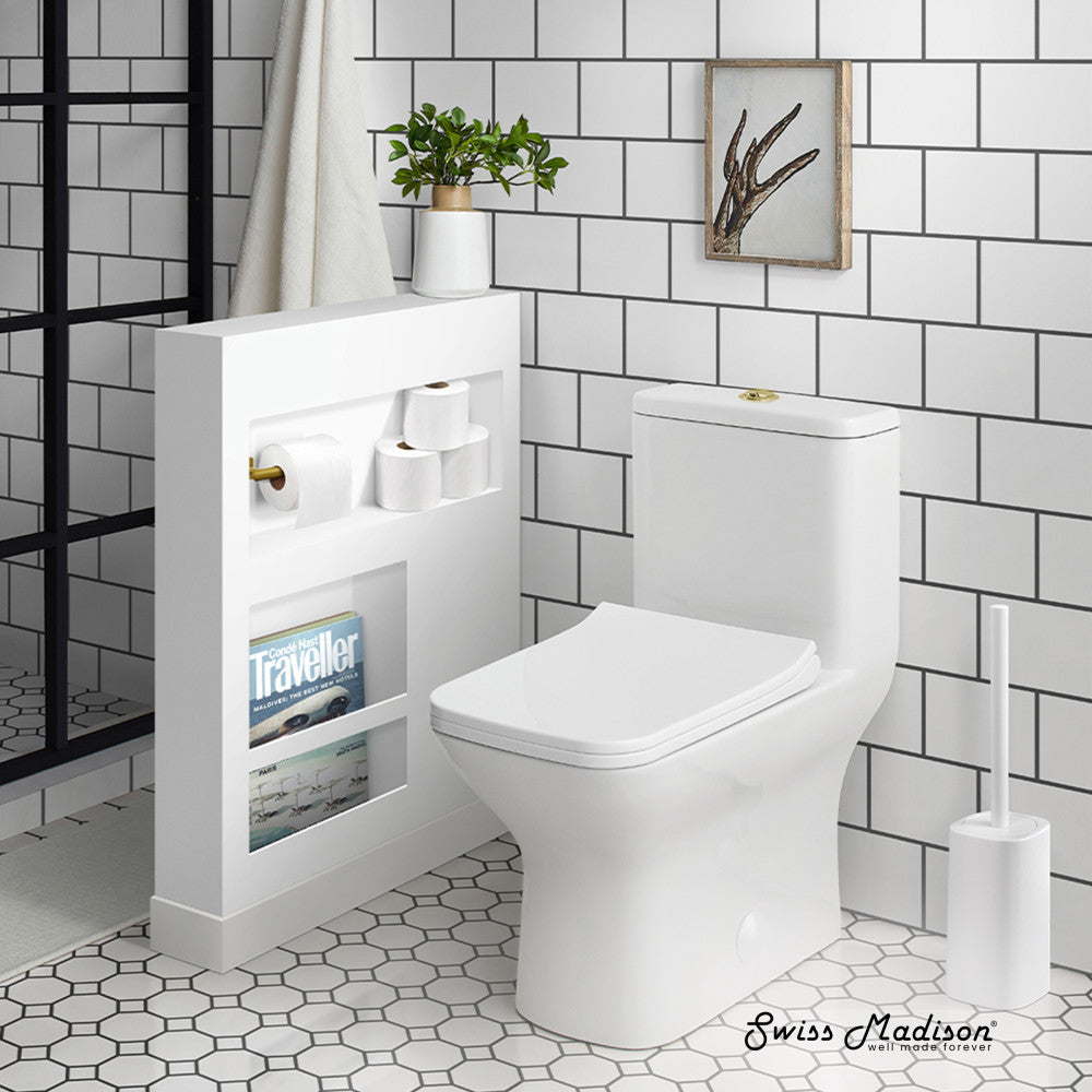 Swiss Madison Carre One Piece Square Toilet Dual Flush, Brushed Gold Hardware 1.1/1.6 gpf