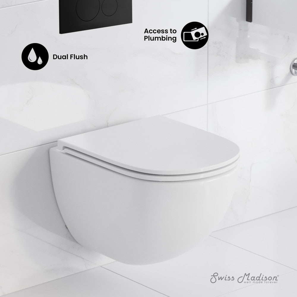 Swiss Madison St. Tropez Wall-Hung Toilet Bundle 0.8/1.6 GPF Dual Flush in Glossy White with Black Flush Plate