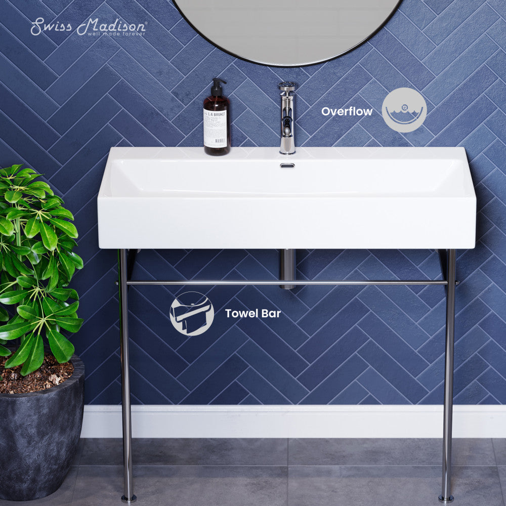 Swiss Madison Claire 40 Ceramic Console Sink White Basin Chrome Legs
