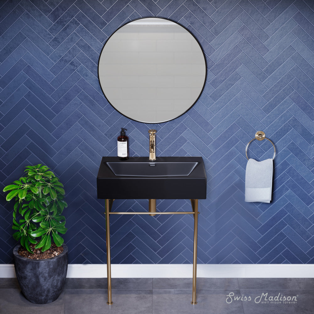 Swiss Madison Claire 24 Ceramic Console Sink Matte Black Basin Gold Legs