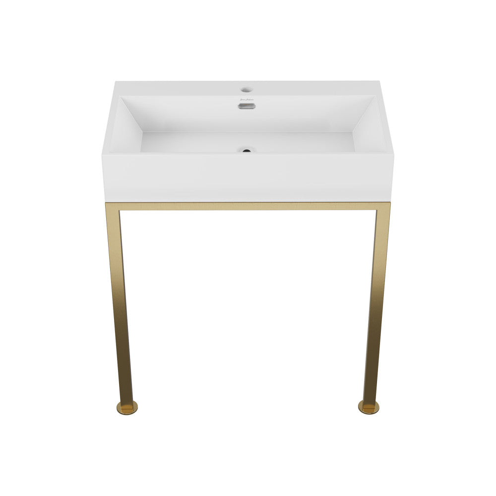 Concorde 30” Rectangle Console Sink With Brushed Gold Legs – Glossy White Ceramic, Single Faucet Hole, 5.7” Basin Depth, Modern Vintage Style