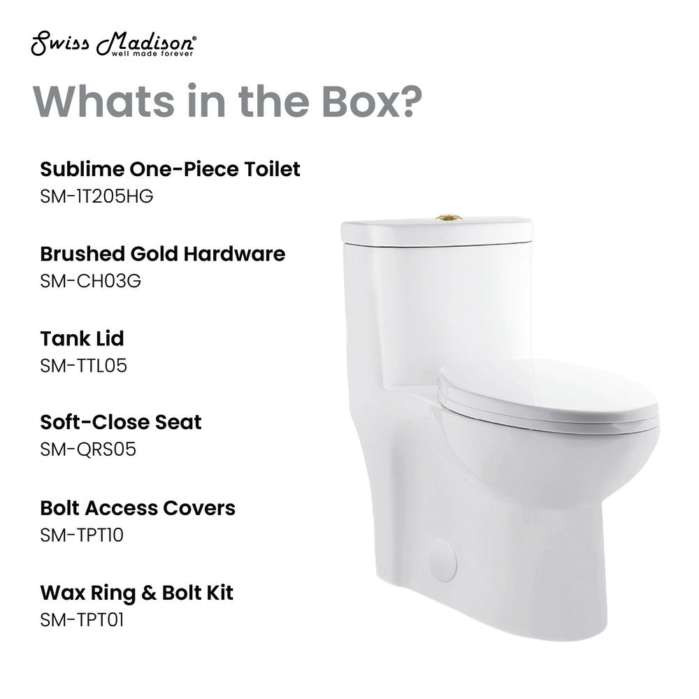 Swiss Madison Sublime One Piece Elongated Toilet Dual Flush, Brushed Gold Hardware 1.1/1.6 gpf