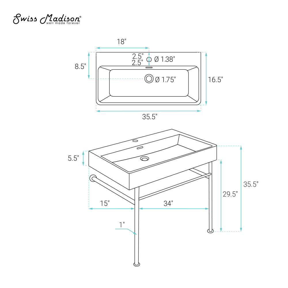 Swiss Madison Carre 36 Ceramic Console Sink White Basin Chrome Legs