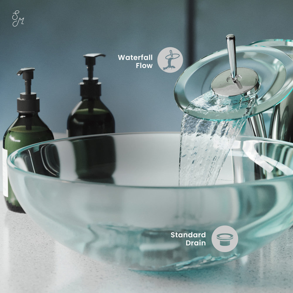 Swiss Madison Cascade 16.5 Glass Vessel Sink with Faucet, Clear