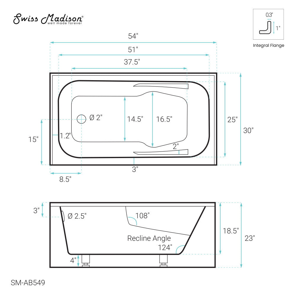Swiss Madison Voltaire 54 x 30 Skirted Left Drain Soaking Alcove Bathtub in Glossy White with Integrated Armrest