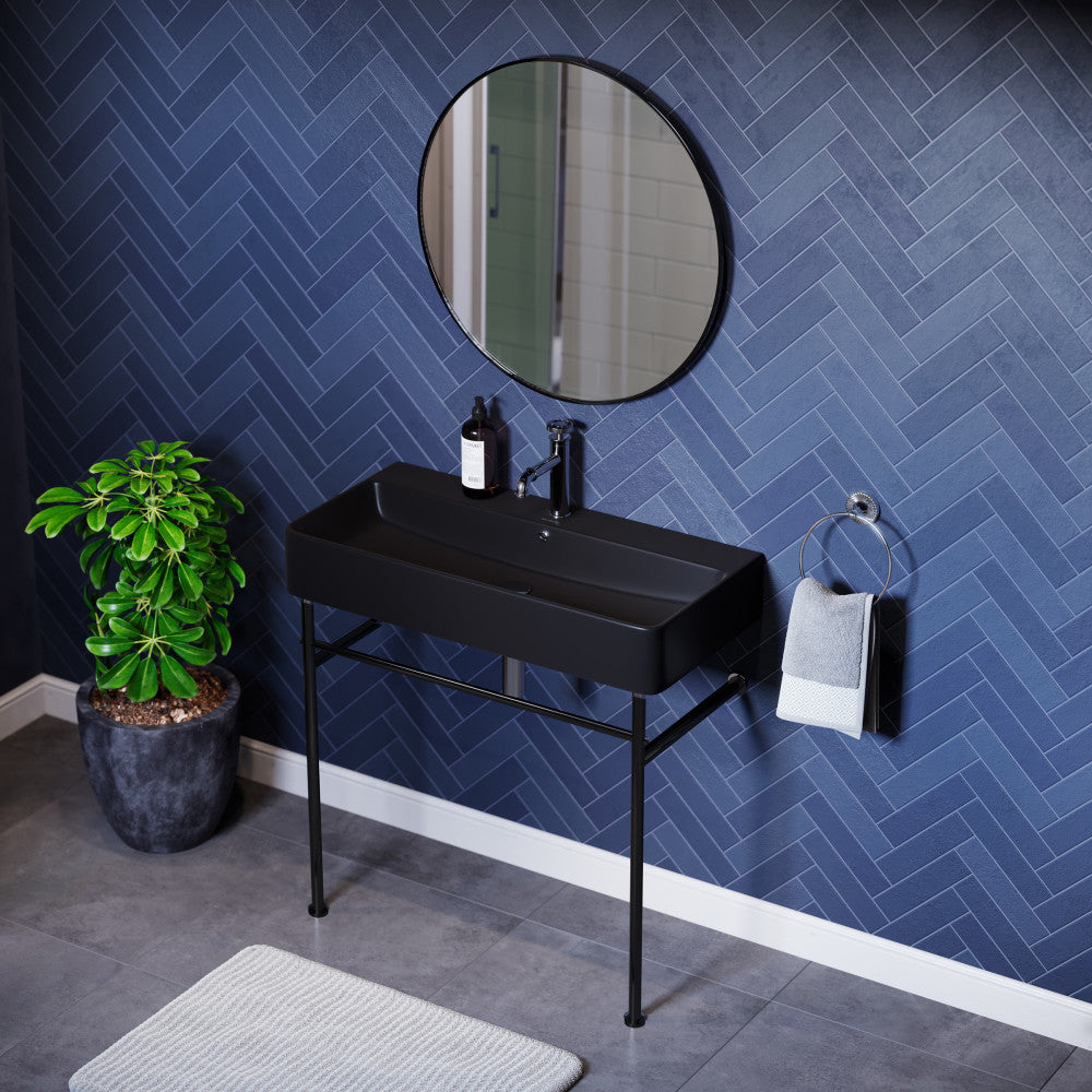 Swiss Madison Carre 36 Ceramic Console Sink Matte Black Basin Black Legs