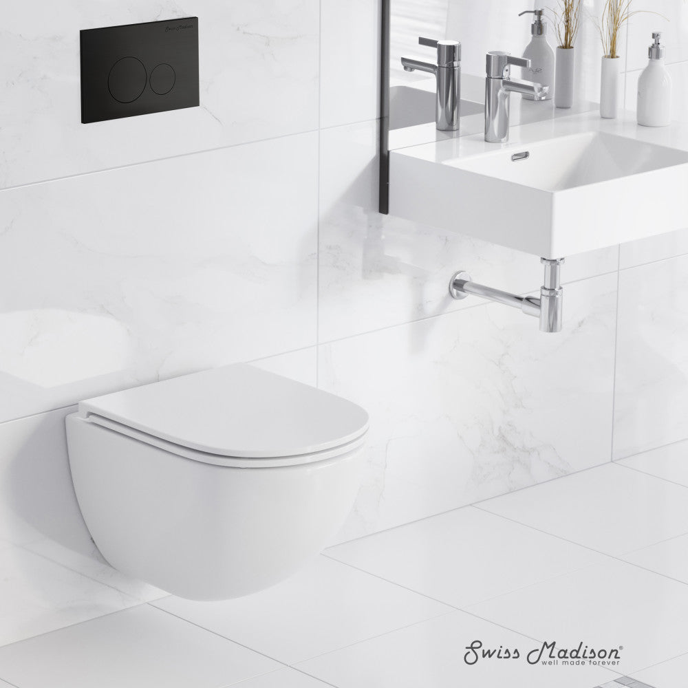 Swiss Madison St. Tropez Wall-Hung Toilet Bundle 0.8/1.6 GPF Dual Flush in Glossy White with Black Flush Plate