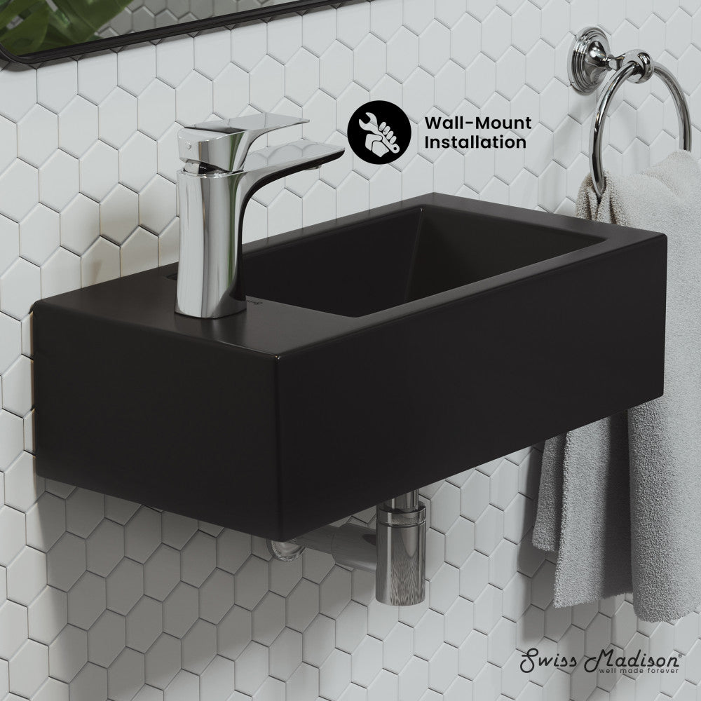 Swiss Madison Voltaire 19.5 x 10 Rectangular Ceramic Wall Hung Sink with Left Side Faucet Mount, Matte Black