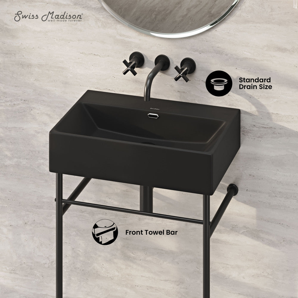 Swiss Madison Claire 24" Rectangle Matte Black Zero Hole Console Sink with Matte Black Legs