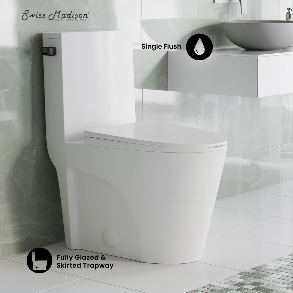 Swiss Madison St. Tropez One Piece Elongated Toilet Side Flush 1.28 gpf with Black Hardware