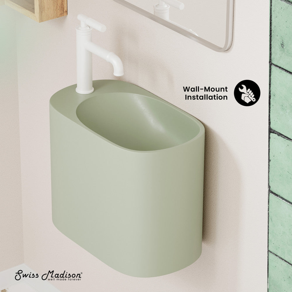 Swiss Madison Terre 18" Solid Surface Oval Wall-Mounted Sink with Left Side Faucet Mount in Matte Palm Green