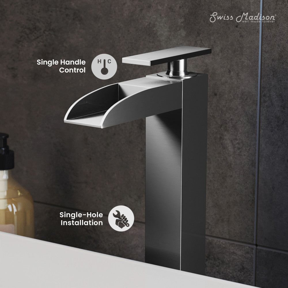Swiss Madison Concorde Single Hole, Single-Handle, High Arc Waterfall, Bathroom Faucet in Brushed Nickel