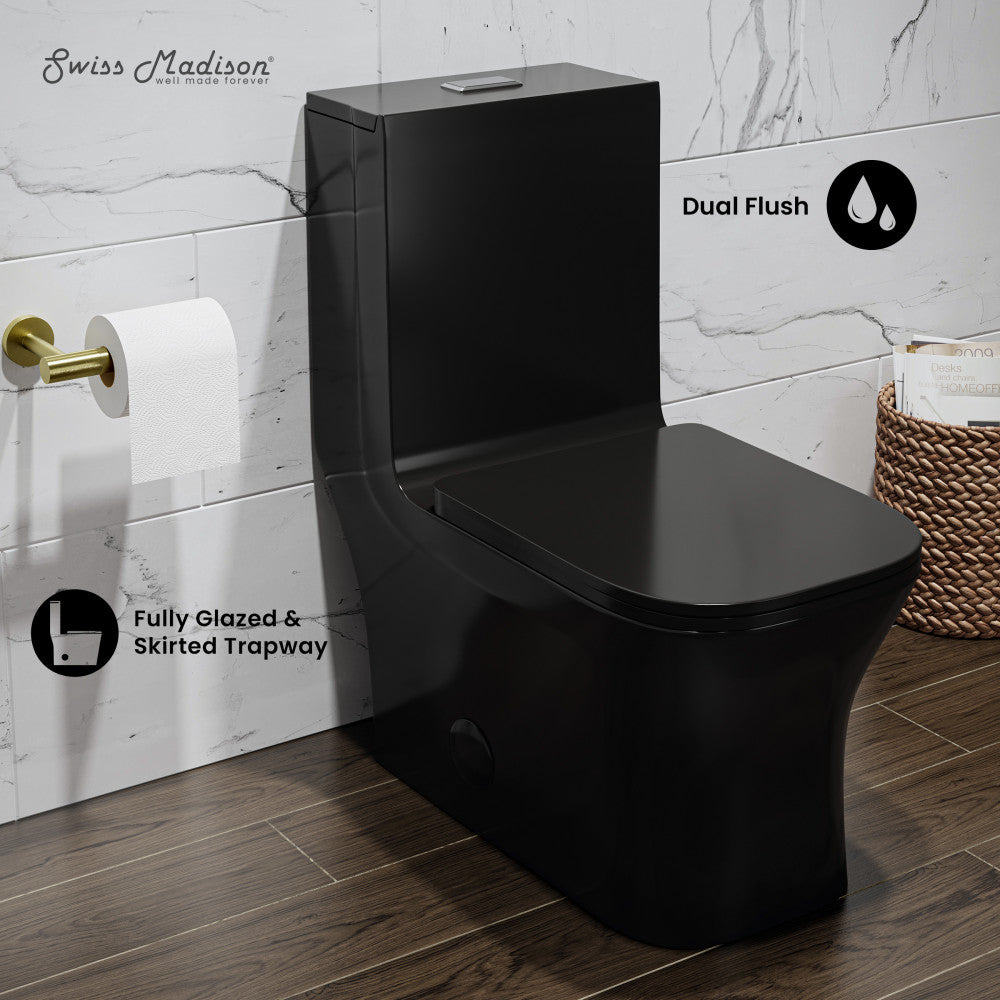 Swiss Madison Concorde One Piece Square Toilet Dual Flush in Glossy Black 1.1/1.6 gpf
