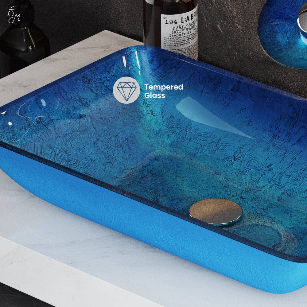 Swiss Madison Cascade Rectangular Glass Vessel Sink with Faucet, Ocean Blue