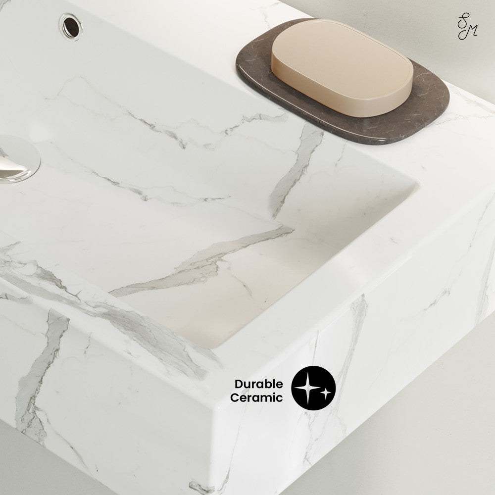 Swiss Madison Voltaire Wide Rectangle Wall Hung Sink in White Marble