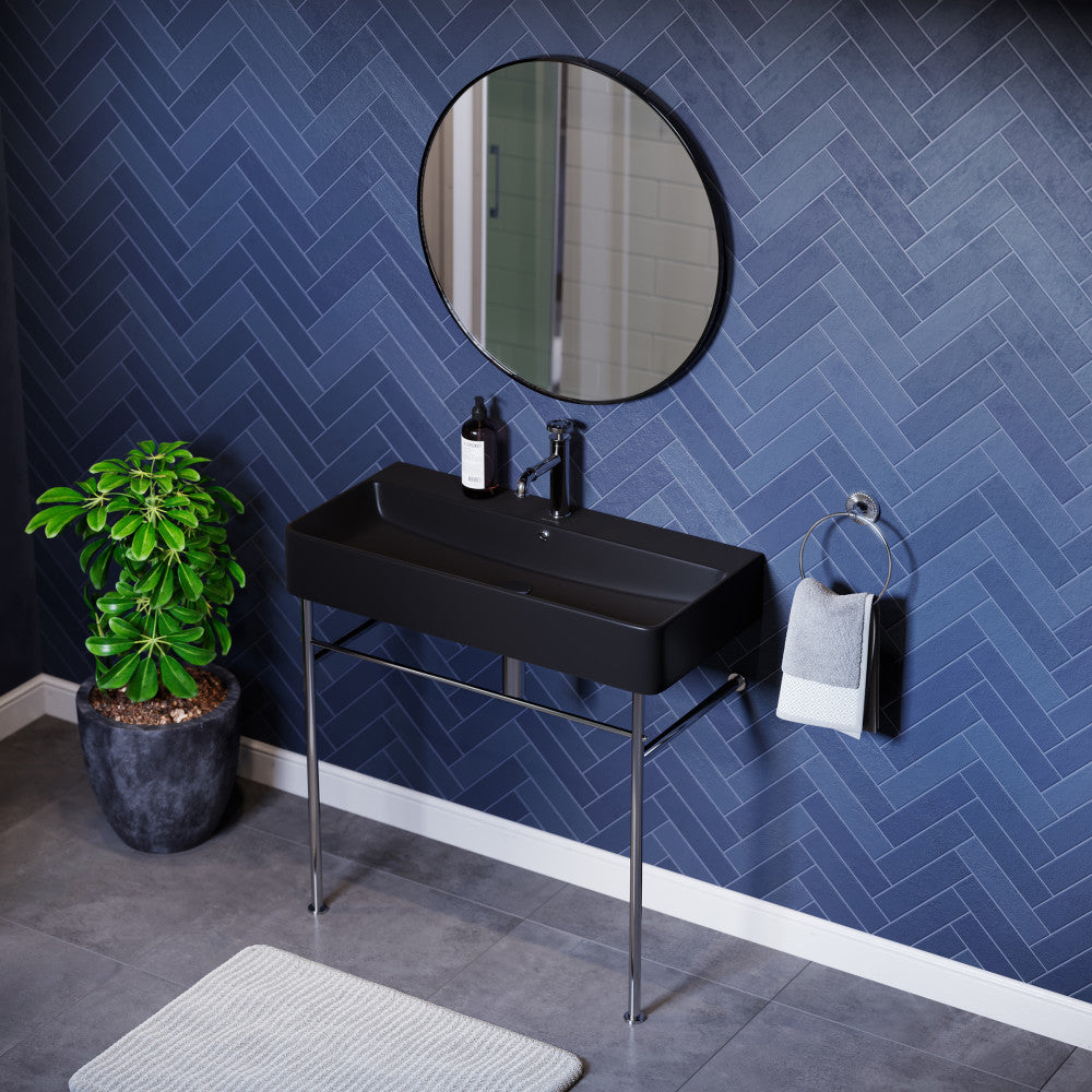 Swiss Madison Carre 36 Ceramic Console Sink Matte Black Basin Chrome Legs