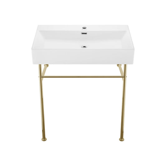 Swiss Madison Claire 30 Ceramic Console Sink White Basin Gold Legs