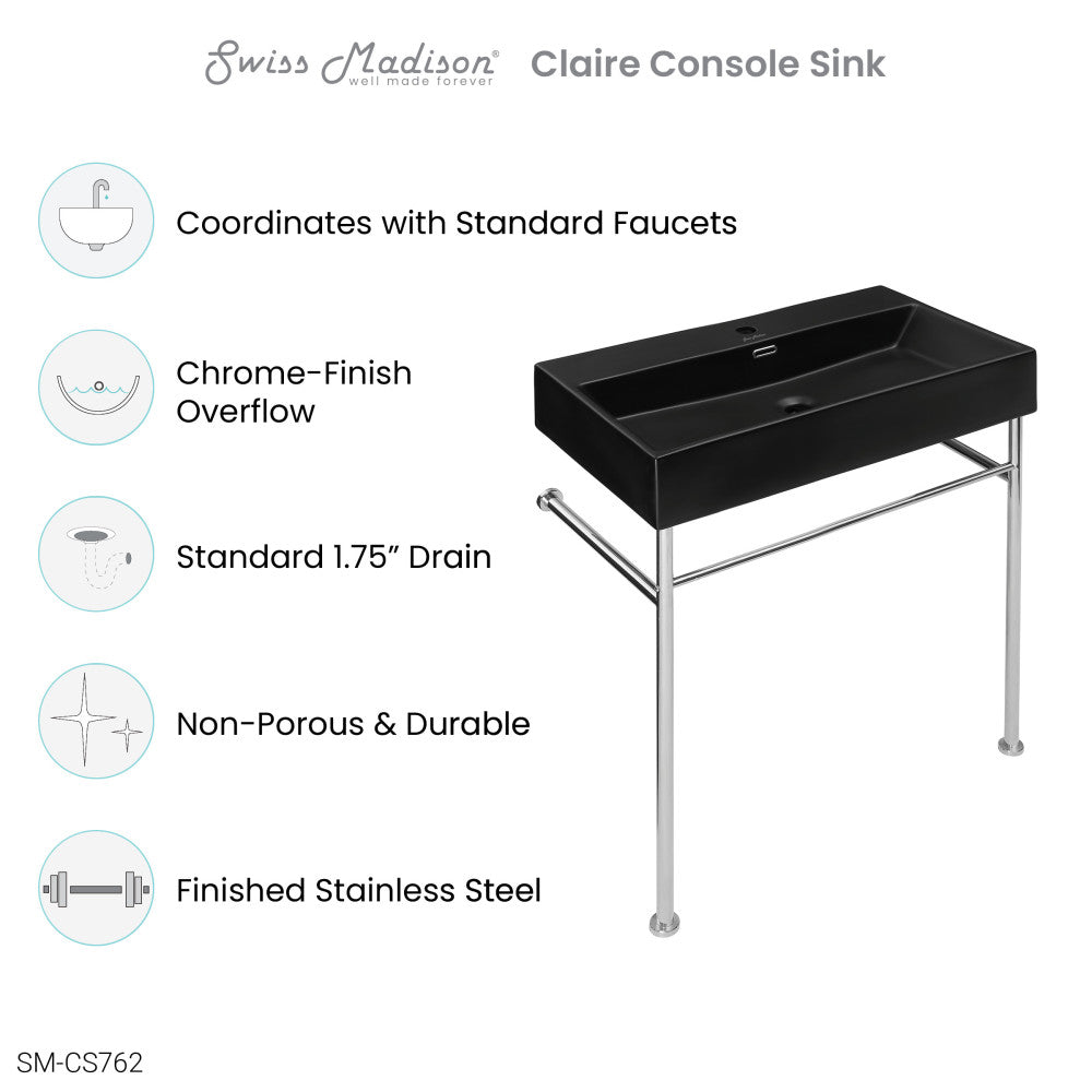 Swiss Madison Claire 30 Ceramic Console Sink Matte Black Basin Chrome Legs
