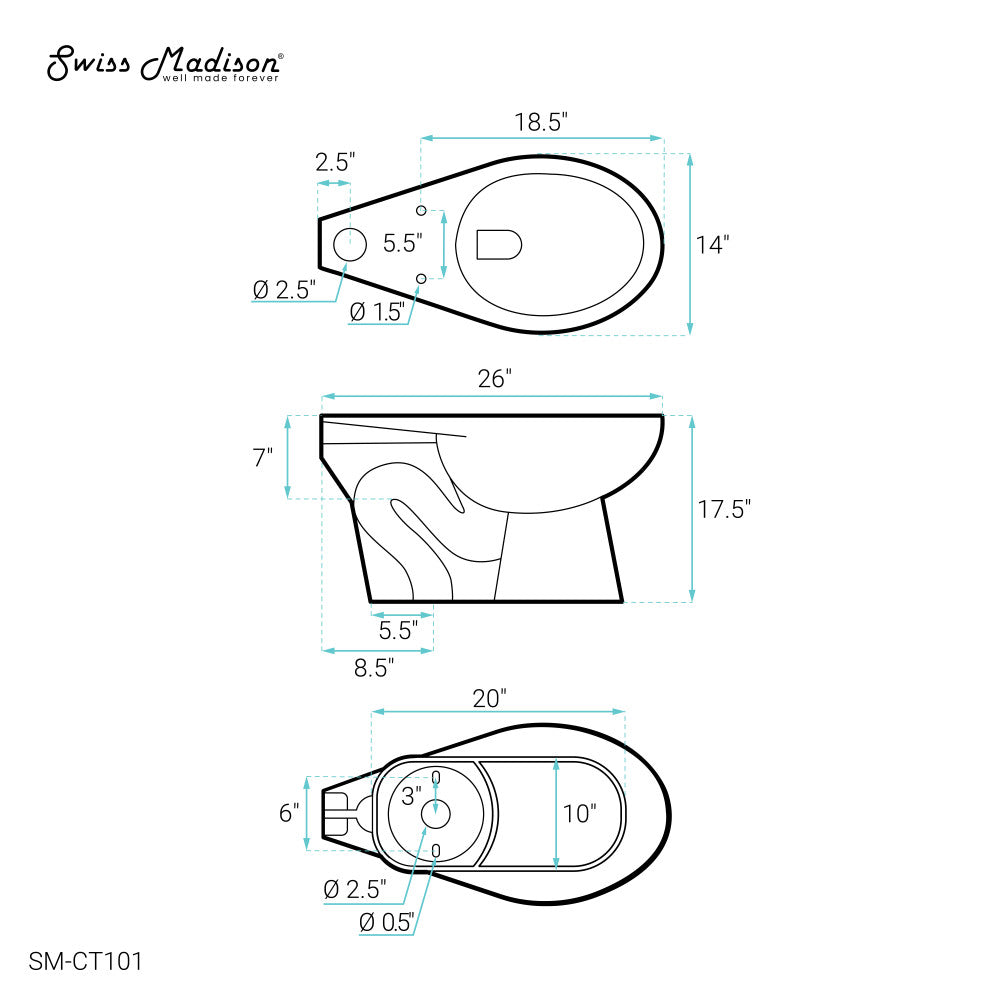 Swiss Madison Sirene Floor-Mounted Comfort Height Commercial Elongated Top Flush Spud Flushometer Toilet Bowl