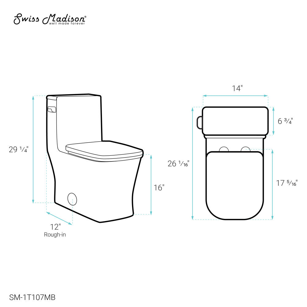 Swiss Madison Concorde One-Piece 12" Rough-in 1.28 GPF Left-Hand Flush Square Toilet in Matte Black