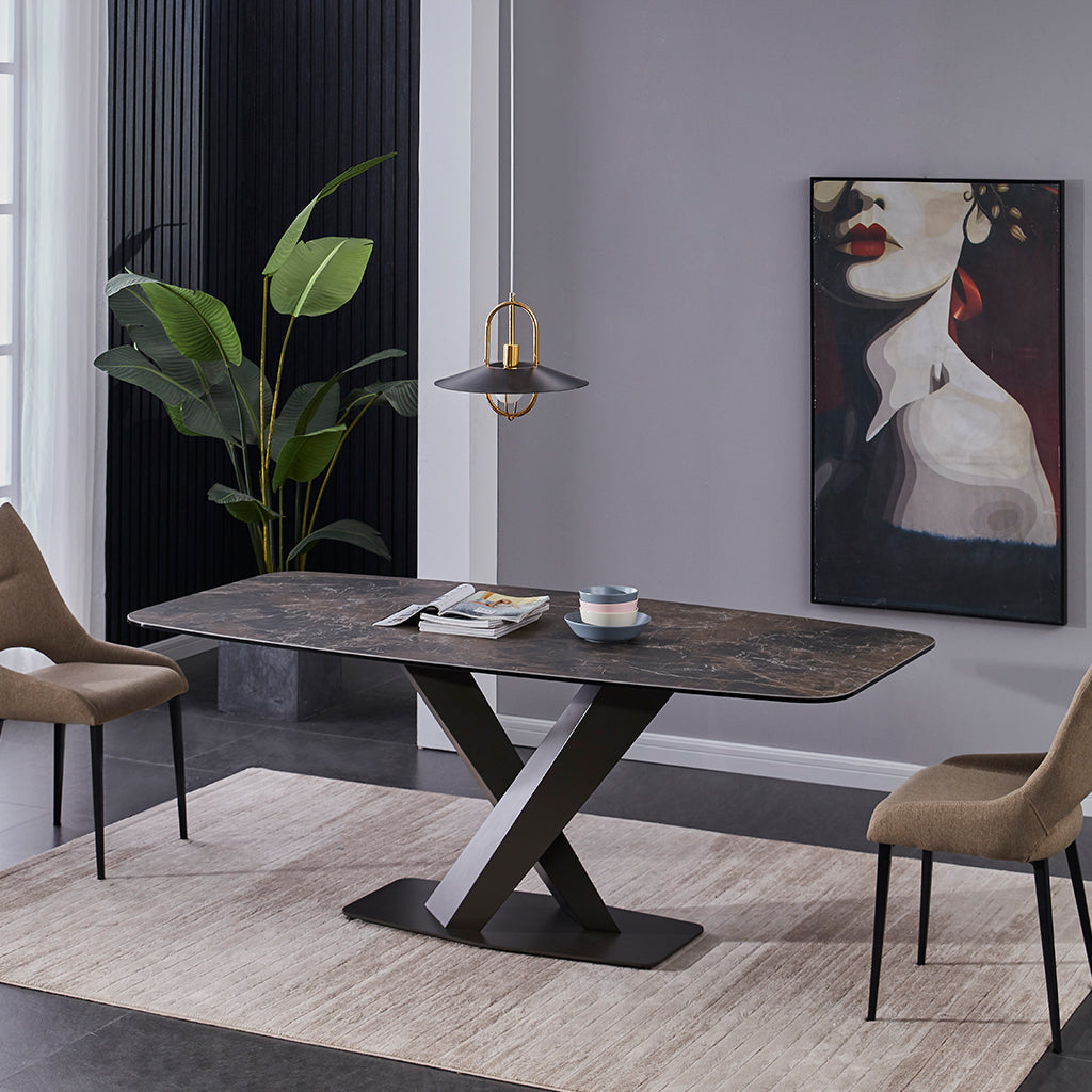 J&M Furniture Elegance Dining Table with luxury ceramic top and modern Moka powder-coated base.
