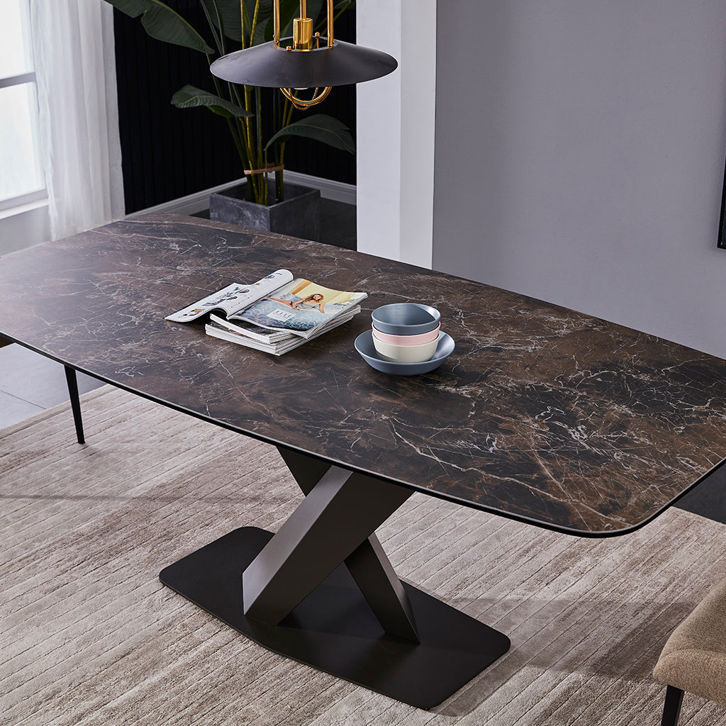 J&M Furniture Elegance Dining Table with luxury ceramic top and modern Moka powder-coated base.