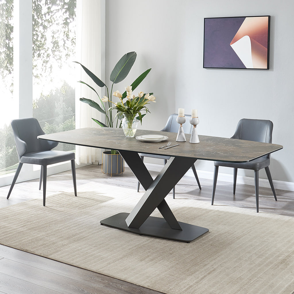 J&M Furniture Elegance Dining Table with luxury ceramic top and modern Moka powder-coated base.