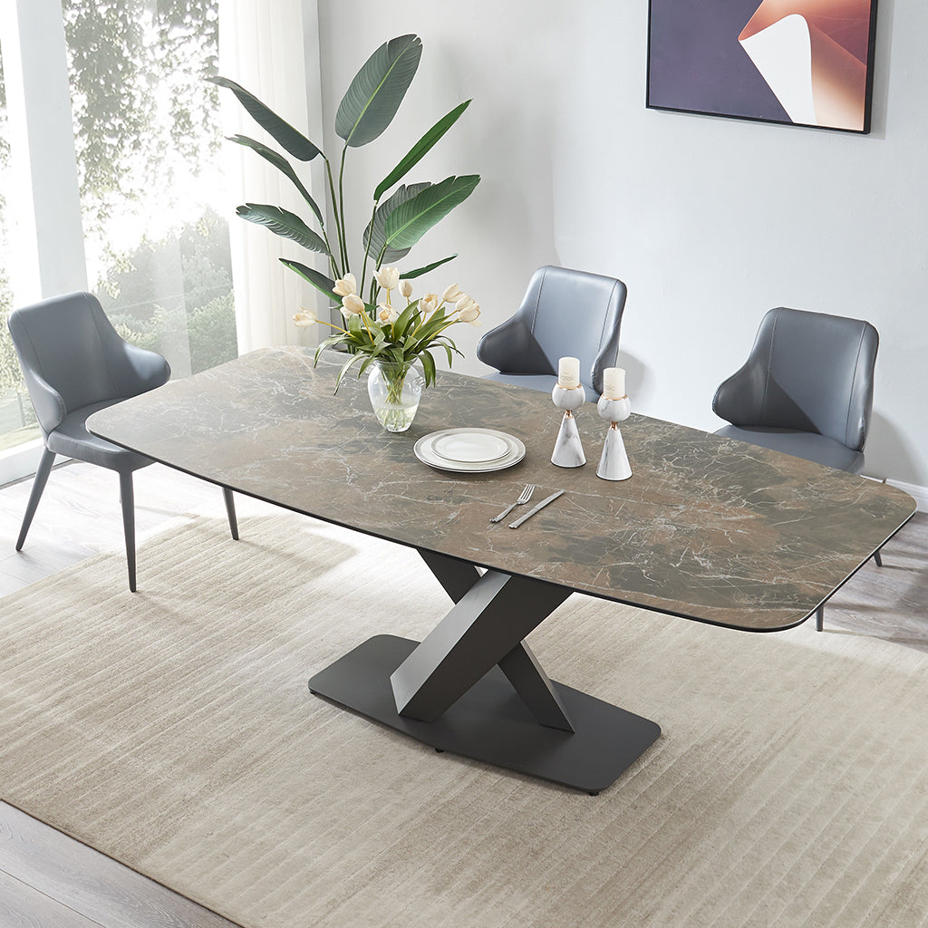 J&M Furniture Elegance Dining Table with luxury ceramic top and modern Moka powder-coated base.