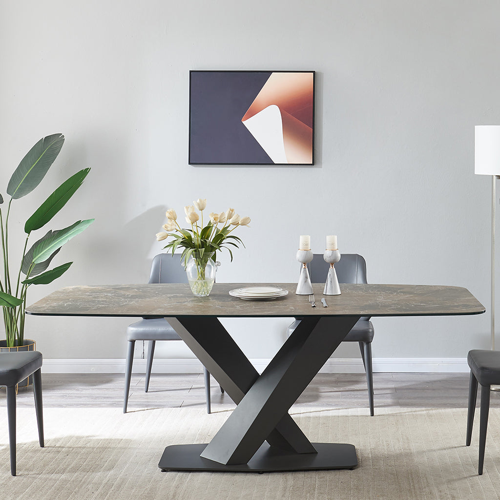 J&M Furniture Elegance Dining Table with luxury ceramic top and modern Moka powder-coated base.