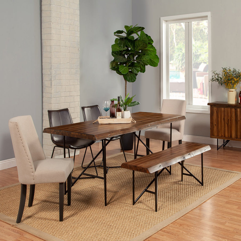 Live Edge Table Look, Metal Legs Table, Unique Dining Table, Rectangular, Solid Acacia Wood, Metal Legs, 1968-01 Brand: Alpine Furniture; Size: 77.25inW x 36.5inD x 30inH Weight: 102lb; Shape: Rectangular; Material: Solid Acacia wood & Metal Legs Seating Capacity: Seats 4-6 people; Color: Light walnut