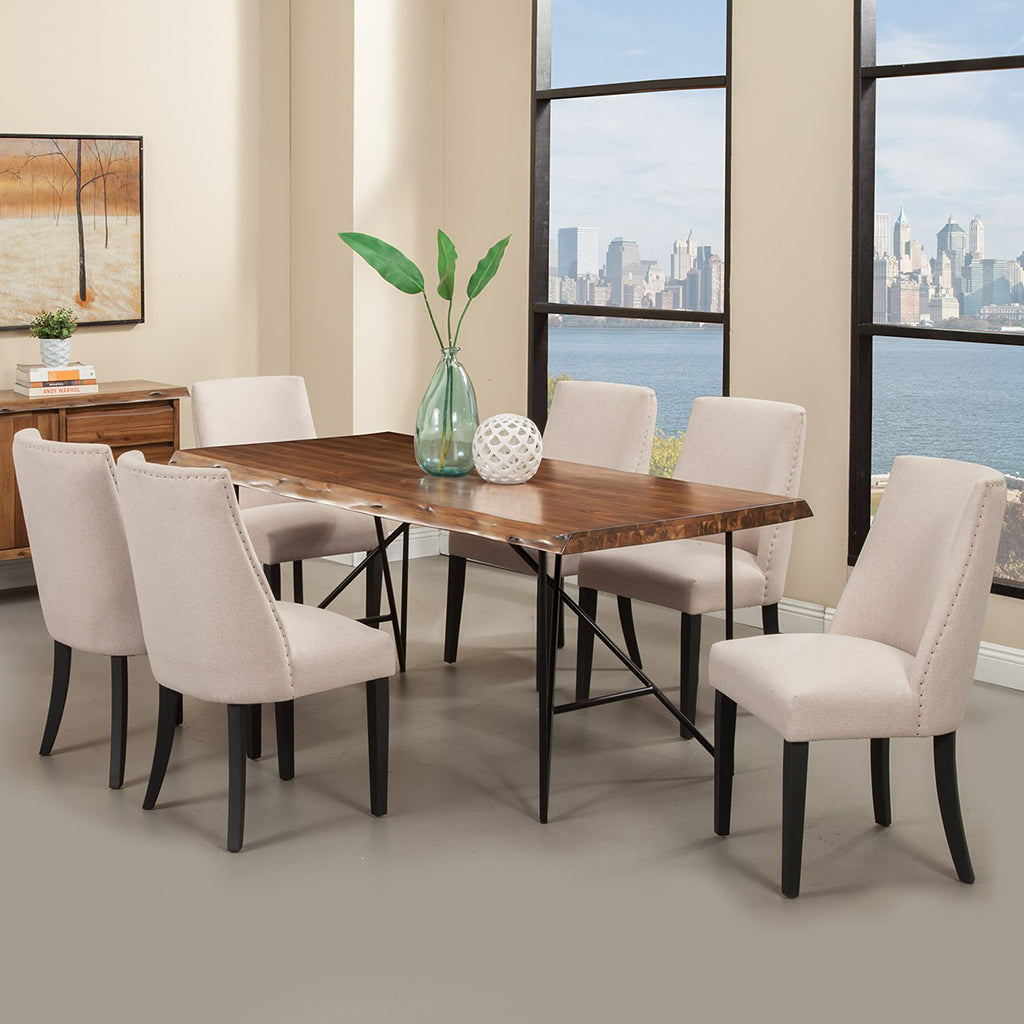 Live Edge Table Look, Metal Legs Table, Unique Dining Table, Rectangular, Solid Acacia Wood, Metal Legs, 1968-01 Brand: Alpine Furniture; Size: 77.25inW x 36.5inD x 30inH Weight: 102lb; Shape: Rectangular; Material: Solid Acacia wood & Metal Legs Seating Capacity: Seats 4-6 people; Color: Light walnut