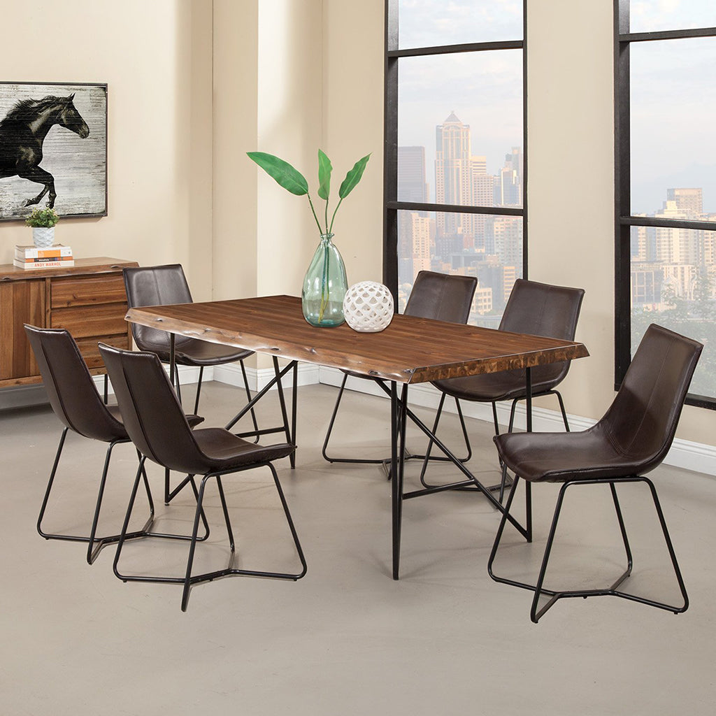 Live Edge Table Look, Metal Legs Table, Unique Dining Table, Rectangular, Solid Acacia Wood, Metal Legs, 1968-01 Brand: Alpine Furniture; Size: 77.25inW x 36.5inD x 30inH Weight: 102lb; Shape: Rectangular; Material: Solid Acacia wood & Metal Legs Seating Capacity: Seats 4-6 people; Color: Light walnut