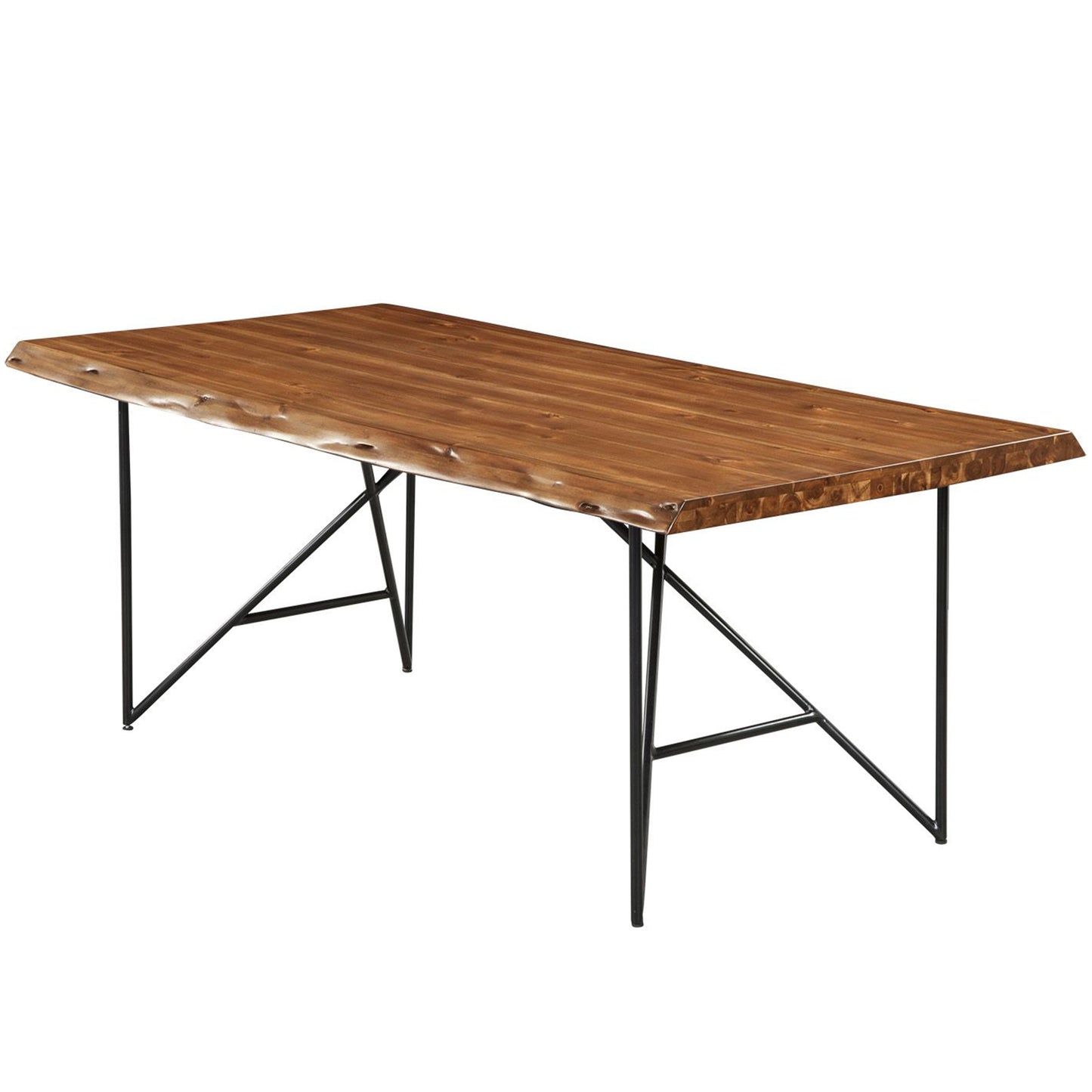 Live Edge Table Look, Metal Legs Table, Unique Dining Table, Rectangular, Solid Acacia Wood, Metal Legs, 1968-01 Brand: Alpine Furniture; Size: 77.25inW x 36.5inD x 30inH Weight: 102lb; Shape: Rectangular; Material: Solid Acacia wood & Metal Legs Seating Capacity: Seats 4-6 people; Color: Light walnut