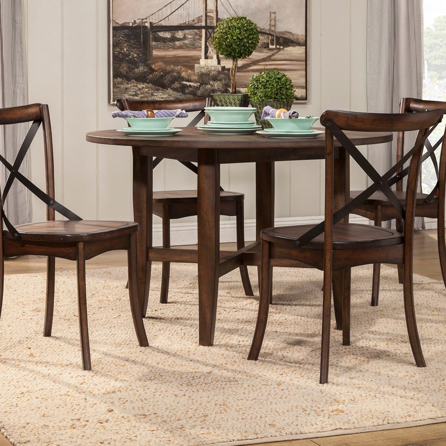 Arendal Contemporary Wooden Table, 4 Seater Round Table, Compact Table, Rubberwood, Oak Veneer, 5672-03 Brand: Alpine Furniture; Size: 47inW x 47inD x 30inH; Weight: 80lb Shape: Round; Material: Rubberwood Solids & Oak Veneer Seating Capacity: Seats 2-4 people; Color: Burnished Dark Oak