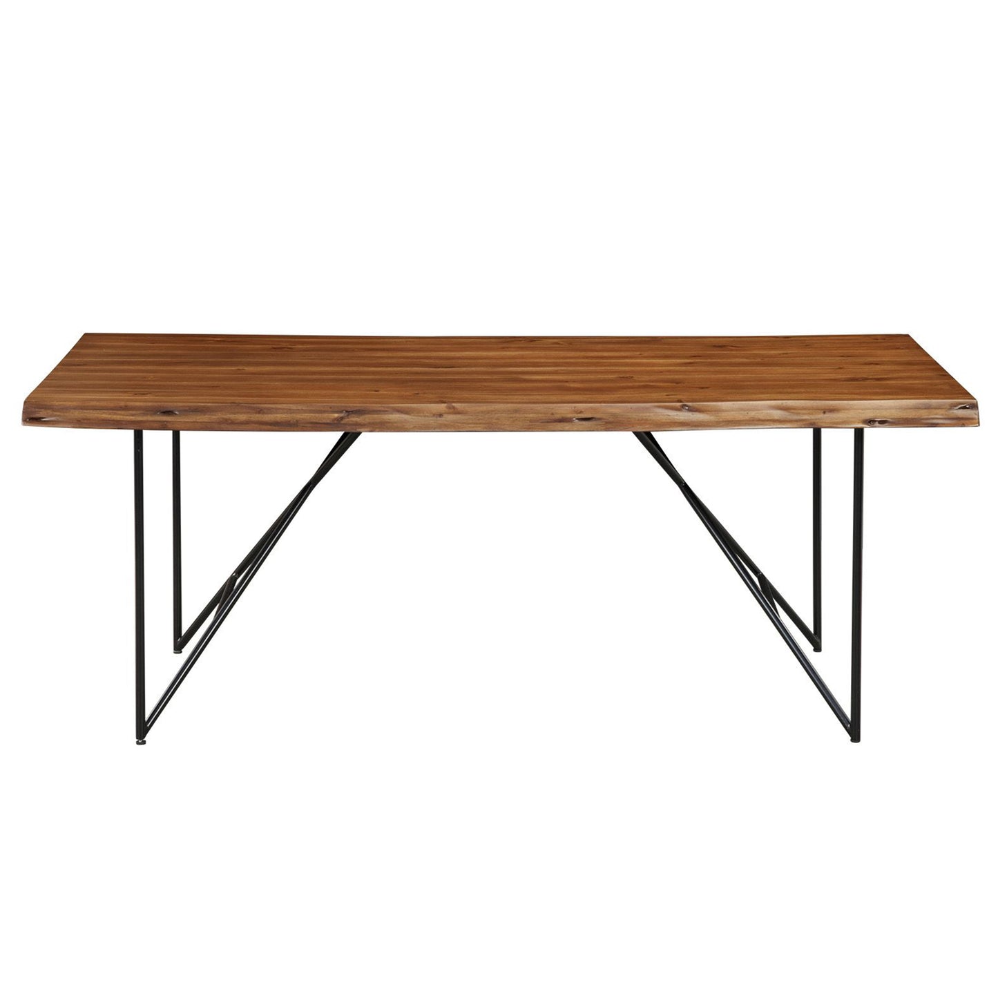 Live Edge Table Look, Metal Legs Table, Unique Dining Table, Rectangular, Solid Acacia Wood, Metal Legs, 1968-01 Brand: Alpine Furniture; Size: 77.25inW x 36.5inD x 30inH Weight: 102lb; Shape: Rectangular; Material: Solid Acacia wood & Metal Legs Seating Capacity: Seats 4-6 people; Color: Light walnut
