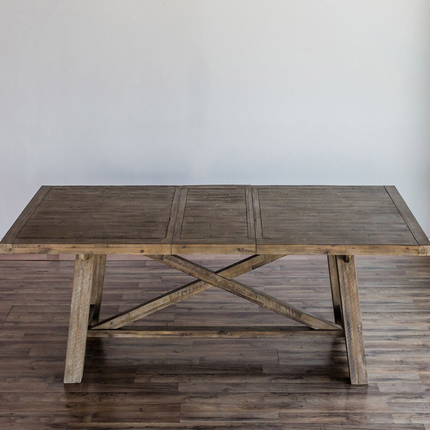 Newberry Acacia Table, Dining 8 Seater Stable Table, Contemporary Diner Table, Rectangular, Acacia Solids, 2068-01; Brand: Alpine Furniture Size: 83inW x 39.5inD x 30inH; Extended: 103inW x 39.5inD x 30inH Weight: 175lb; Shape: Rectangular; Material: Acacia Solids Seating Capacity: Seats 6-8 people; Color: Weathered natural