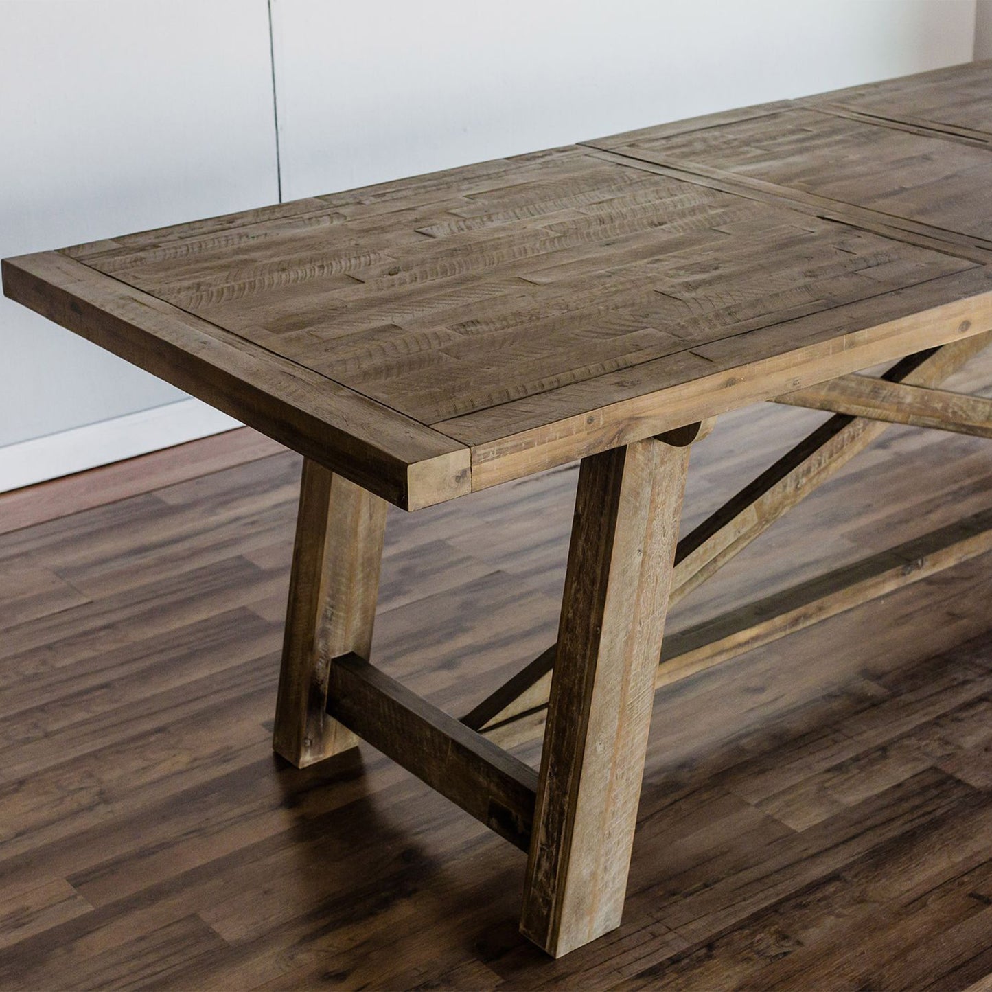 Newberry Acacia Table, Dining 8 Seater Stable Table, Contemporary Diner Table, Rectangular, Acacia Solids, 2068-01; Brand: Alpine Furniture Size: 83inW x 39.5inD x 30inH; Extended: 103inW x 39.5inD x 30inH Weight: 175lb; Shape: Rectangular; Material: Acacia Solids Seating Capacity: Seats 6-8 people; Color: Weathered natural