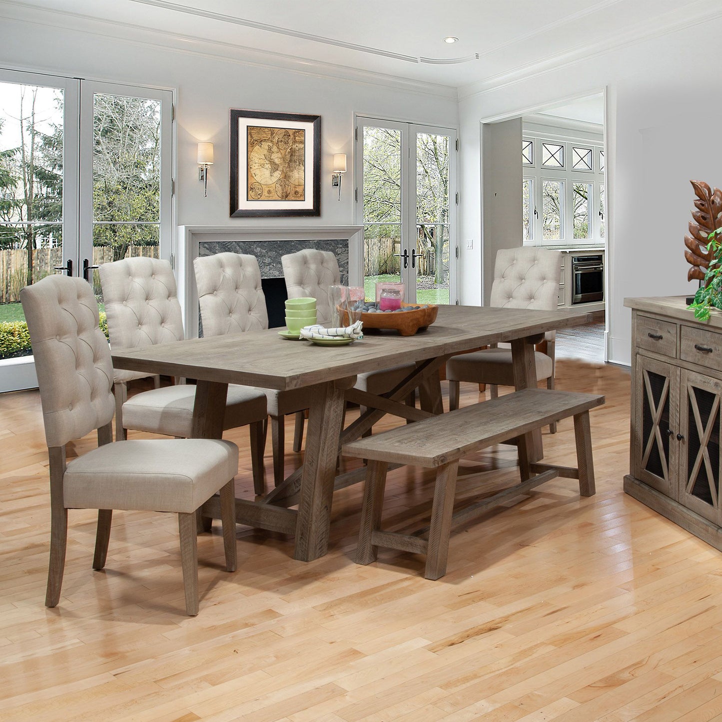 Newberry Acacia Table, Dining 8 Seater Stable Table, Contemporary Diner Table, Rectangular, Acacia Solids, 2068-01; Brand: Alpine Furniture Size: 83inW x 39.5inD x 30inH; Extended: 103inW x 39.5inD x 30inH Weight: 175lb; Shape: Rectangular; Material: Acacia Solids Seating Capacity: Seats 6-8 people; Color: Weathered natural