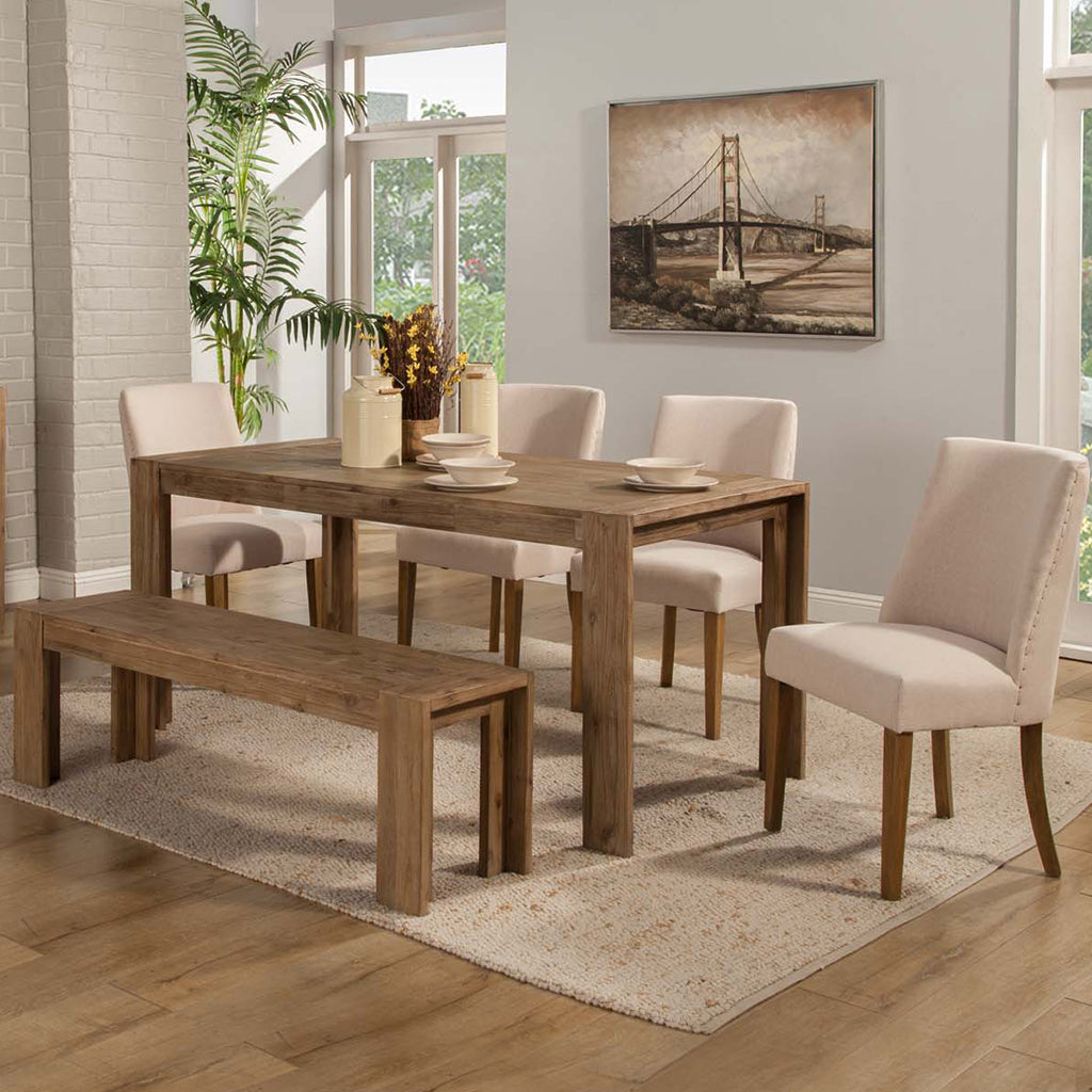 Seashore Acacia Antique Dining Table, Table For 6, Rectangular, Solid Acacia Wood, 8868-01; Brand: Alpine Furniture; Size: 35.5inW x 71inD x 31inH Weight: 97lb; Shape: Rectangular; Material: Acacia Solids Seating Capacity: Seats 4-6 people; Color: Sandblasted antique color