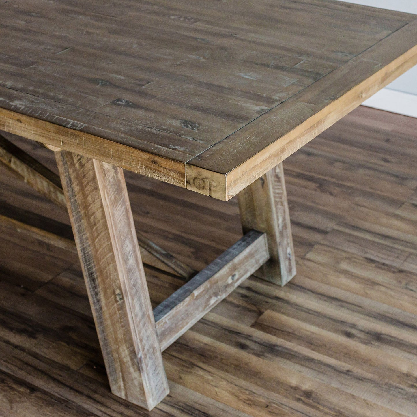 Newberry Acacia Table, Dining 8 Seater Stable Table, Contemporary Diner Table, Rectangular, Acacia Solids, 2068-01; Brand: Alpine Furniture Size: 83inW x 39.5inD x 30inH; Extended: 103inW x 39.5inD x 30inH Weight: 175lb; Shape: Rectangular; Material: Acacia Solids Seating Capacity: Seats 6-8 people; Color: Weathered natural