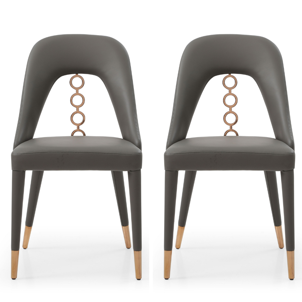 Liza Dining Chair, Set of 2, Dark Gray, Faux Leather, Steel Frame, DC1710P-DGRY Brand: Whiteline Modern Living, Size: 19inW x 22inD x 34inH Seat Height: 19in/ 48cm, Weight: 15lb, Material: Faux leather & stainless steel frame Color: Dark Gray , Assembly Required: No, Weather Resistant: No, Set of 2