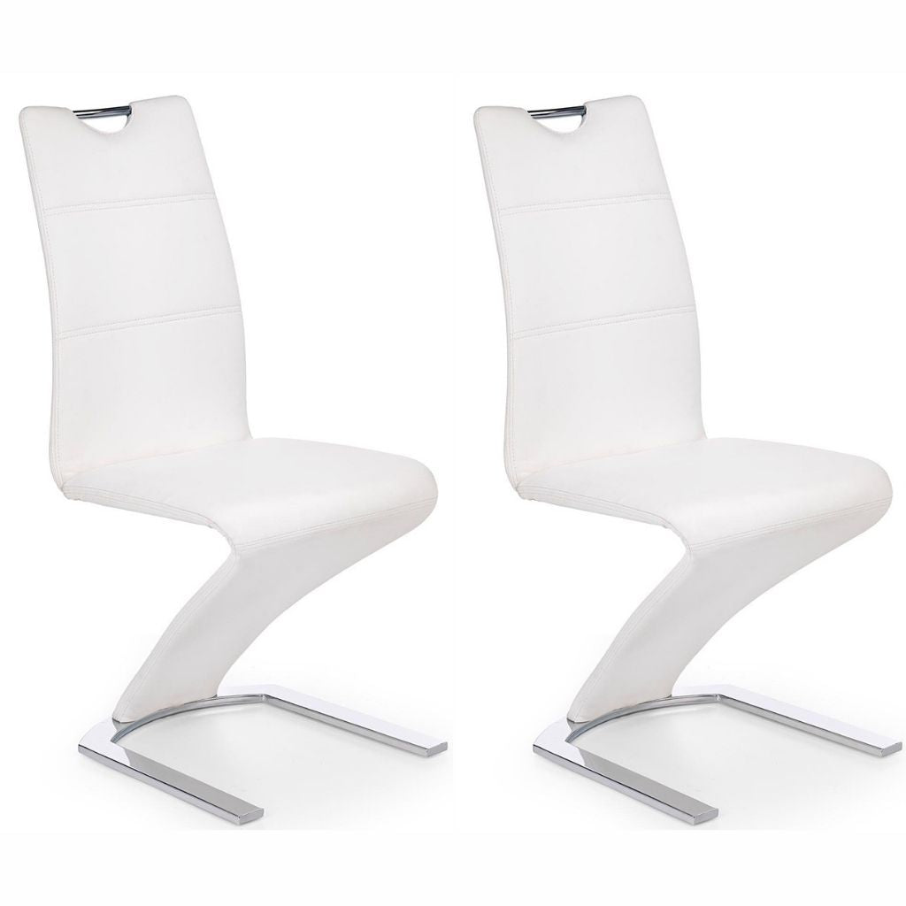 Keva Dining Chairs, Set of 2, White, Faux Leather, Chrome Steel Legs, HALK-188W Brand: Maxima House, Size: 18.1inW x 24.8inD x 39.7inH, Weight: 22.7lb, Material: Faux leather & Chrome steel legs, Color: White