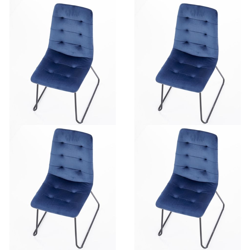 Blue dining chairs with dark blue fabric upholstery and powder-coated steel legs