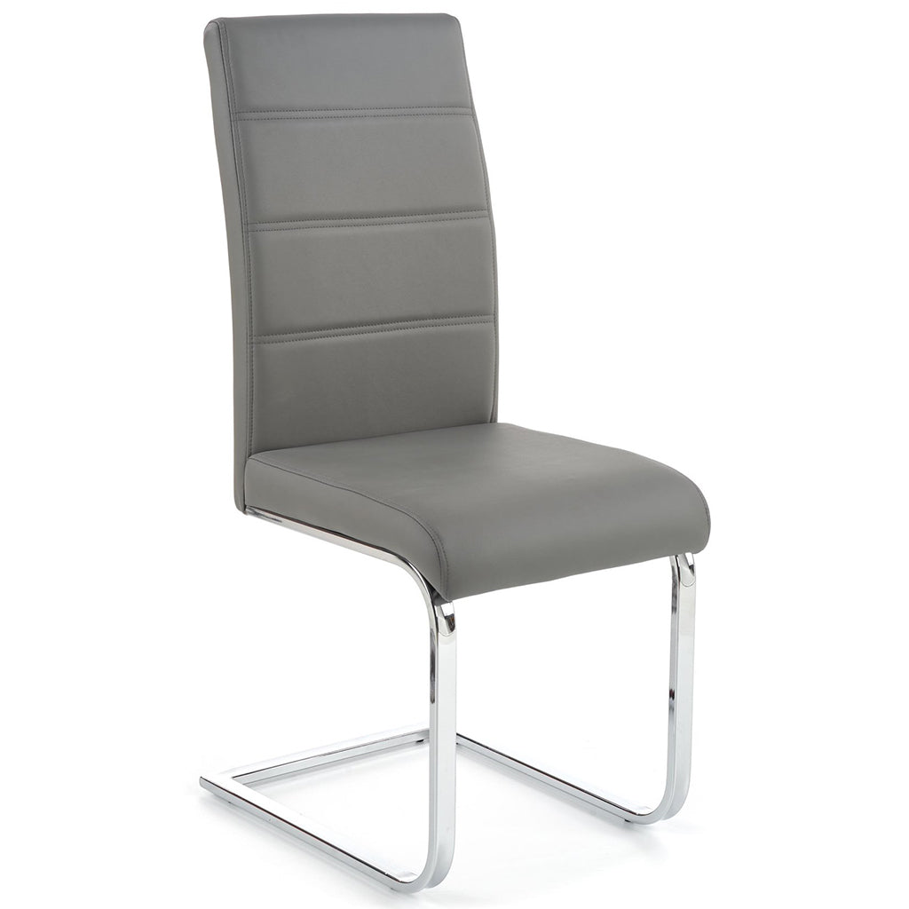 Dana Dining Chair, Set Of 4, Grey, Faux Leather, Chrome Steel Legs, HALK-85G Brand: Maxima House Size: 16.5inW x 22inD x 39.4inH, Weight: 20.7lb, Material: Faux leather & Chrome steel legs, Color: Gray