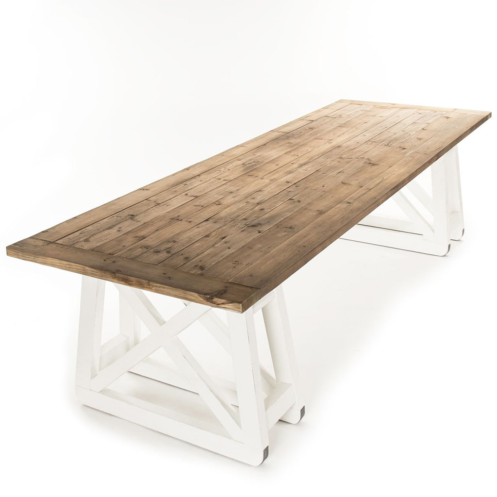 Artur | White Farmhouse Dining Table Seats 8 Rectangular Wood Top, HS113 Brand: Zentique Size: 118inW x 39.5inD x 30.75inH, Weight: 212lb, Shape: Rectangular Material: Top: Pine Wood , Base: Plastic/ Acrylic, Seating Capacity: Seats 6-8 people Color: Top: Natural Pine Wood Color, Base: White