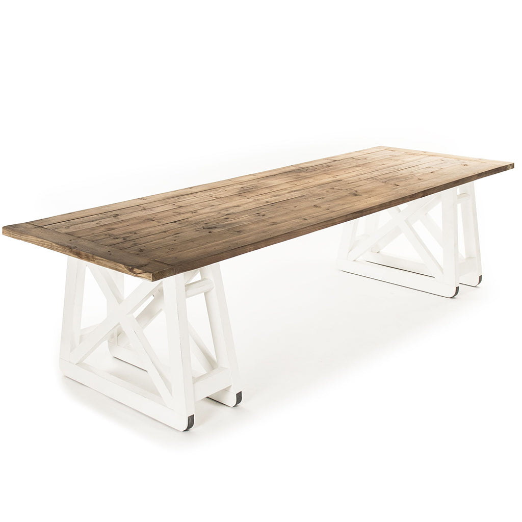 Artur | White Farmhouse Dining Table Seats 8 Rectangular Wood Top, HS113 Brand: Zentique Size: 118inW x 39.5inD x 30.75inH, Weight: 212lb, Shape: Rectangular Material: Top: Pine Wood , Base: Plastic/ Acrylic, Seating Capacity: Seats 6-8 people Color: Top: Natural Pine Wood Color, Base: White