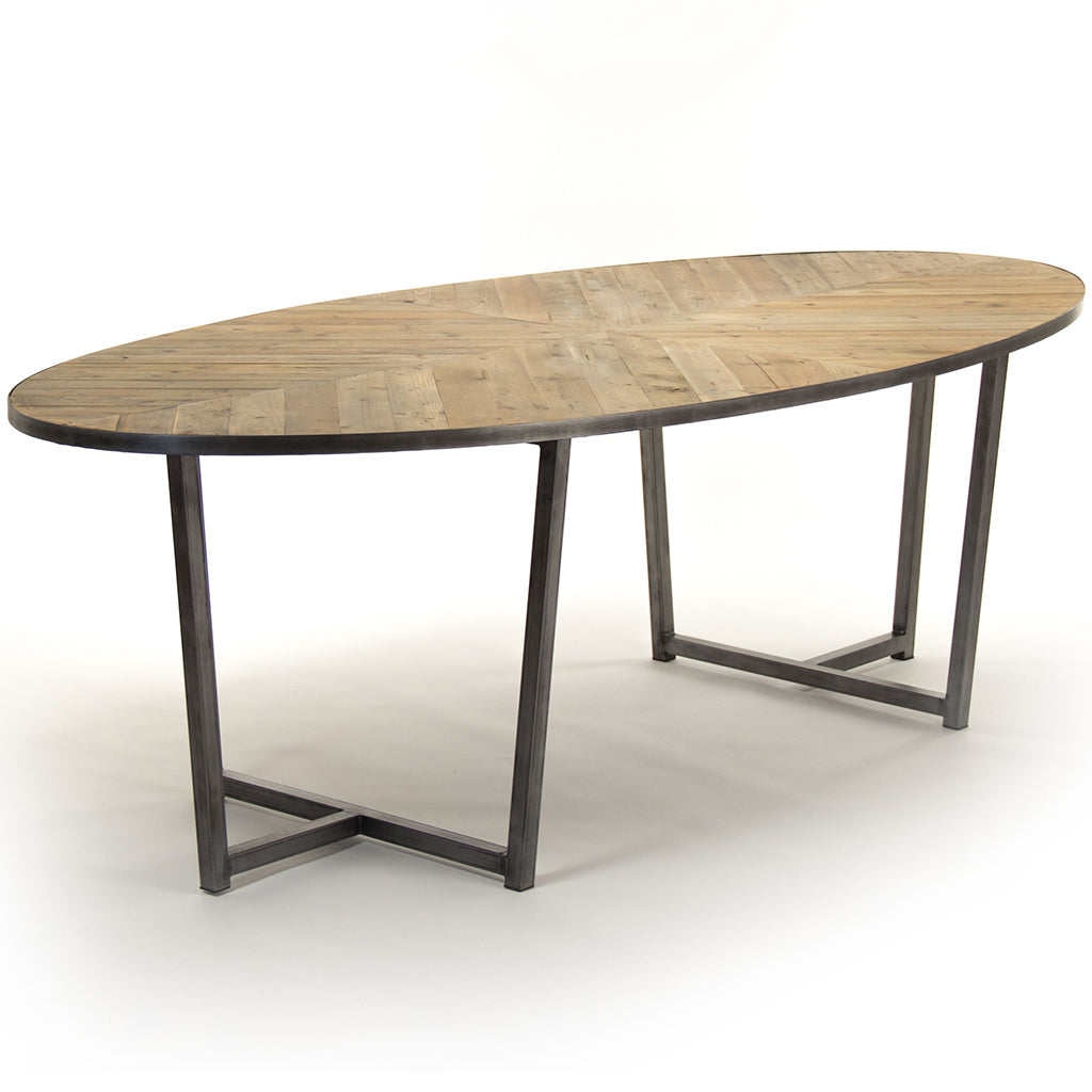 Herringbone Style | Modern Oval Dining Table For 8, Pine Wood, Contemporary Look, HS135, Brand: Zentique, Size: 98.25inW x 30.75inD x 47.25inH Weight: 120lb, Shape: Ovall, Material: Top: Pine Wood, Base: Metal Seating Capacity: Seats 6-8 people, Color: Top: Brown, Base: Grey