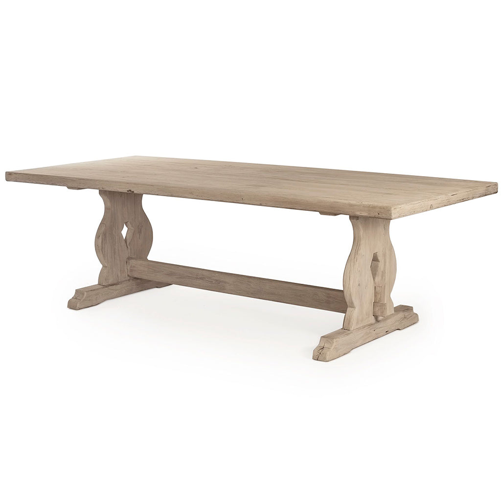 Hamburg | Cream Farmhouse Trestle Table, Rectangular Wooden 8 Seater, LI-S10-25-34 Brand: Zentique, Size: 100inW x 43inD x 31inH, Weight: 180lb, Shape: Rectangular Material: Elm, Pine, & Plywood, Seating Capacity: Seats 6-8 people, Color: Cream