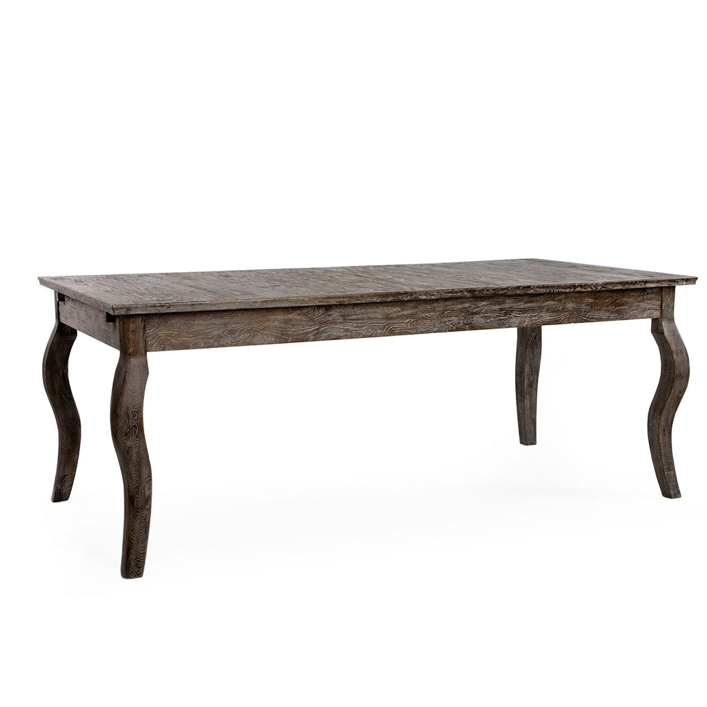 Rhone | Extendable French Style Table With Curved Legs, Rectangular, Limed Charcoal Oak, T001 E271, Brand: Zentique Size: 78.8inW x 39.5inD x 31inH, Extended: 99inW x 39.5inD x 31inH Weight: 190lb, Shape: Rectangular Material: Limed Charcoal Oak, Seating Capacity: Seats 6-8 people