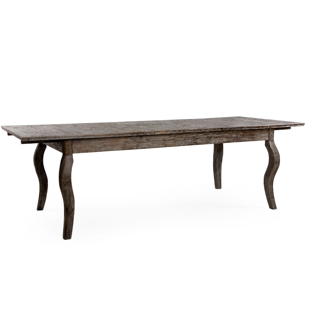 Rhone | Extendable French Style Table With Curved Legs, Rectangular, Limed Charcoal Oak, T001 E271, Brand: Zentique Size: 78.8inW x 39.5inD x 31inH, Extended: 99inW x 39.5inD x 31inH Weight: 190lb, Shape: Rectangular Material: Limed Charcoal Oak, Seating Capacity: Seats 6-8 people
